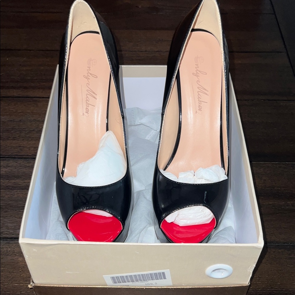 Only Maker Black Red Patent Peep Toe Stiletto Pumps